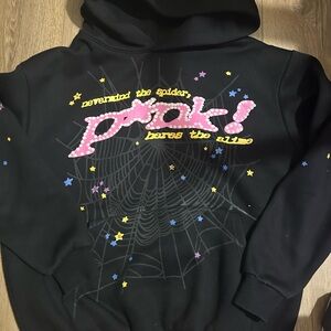 Supreme Black Hoodie with Pink 'plok!' Graphic and Multi-Star Print